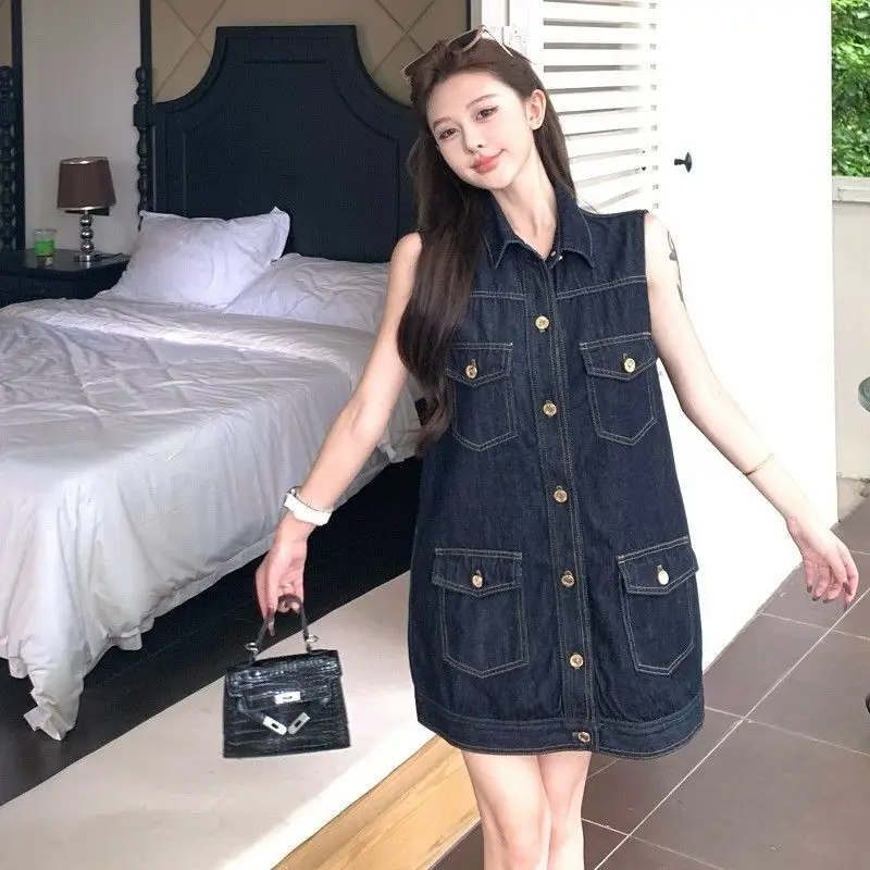 Dark Blue Sleeveless Denim Dress for Women Summer