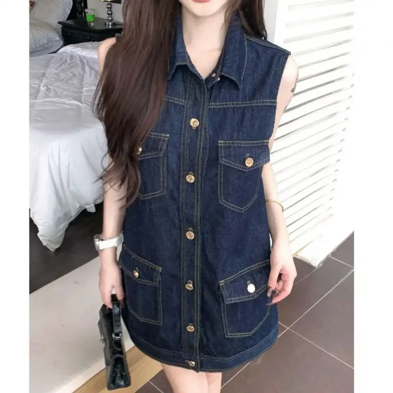 Dark Blue Sleeveless Denim Dress for Women Summer