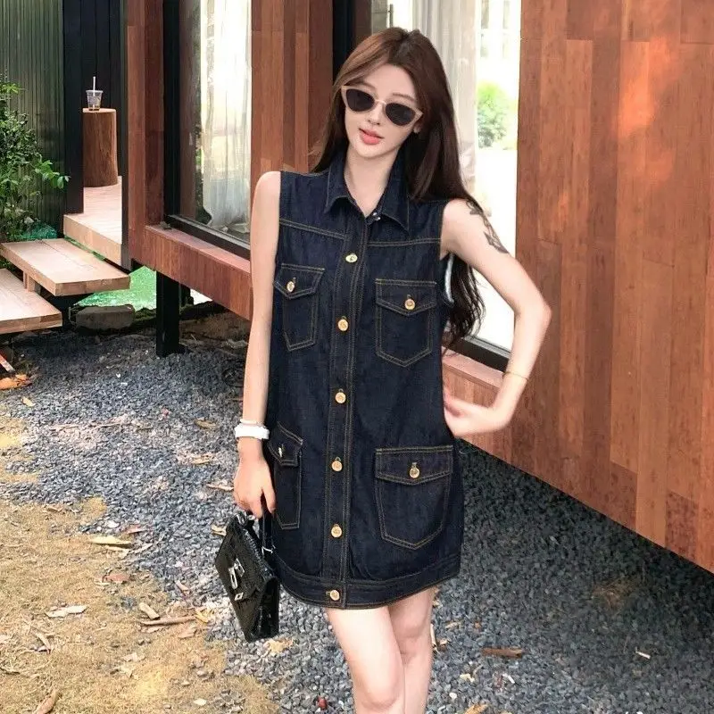 Dark Blue Sleeveless Denim Dress for Women Summer — feature 1
