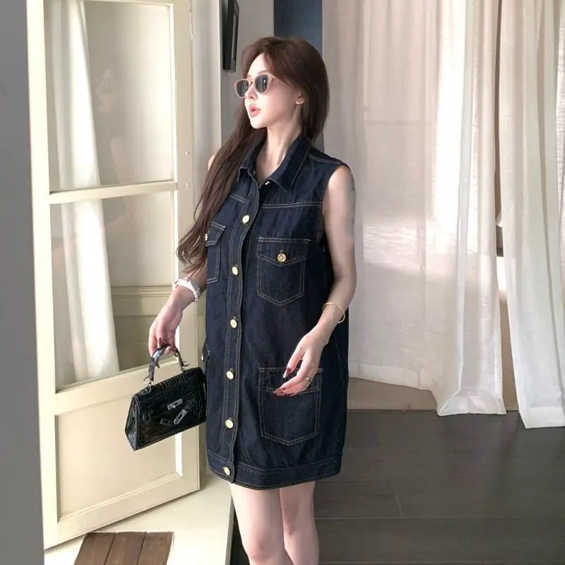 Dark Blue Sleeveless Denim Dress for Women Summer — feature 11