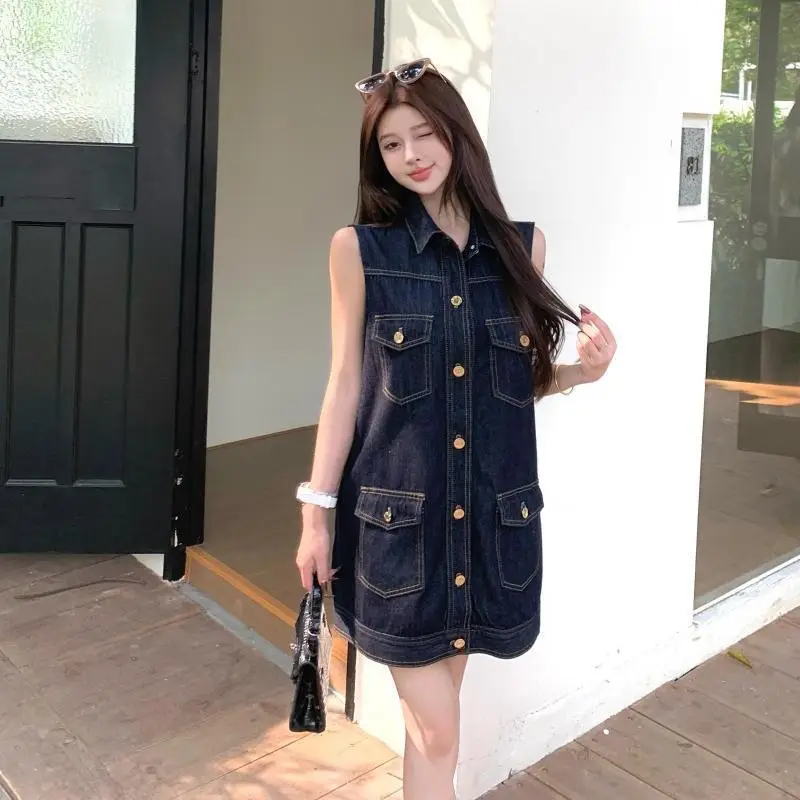 Dark Blue Sleeveless Denim Dress for Women Summer — feature 3