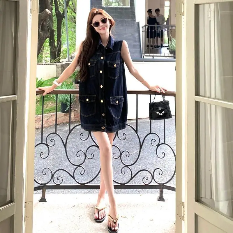 Dark Blue Sleeveless Denim Dress for Women Summer — feature 4