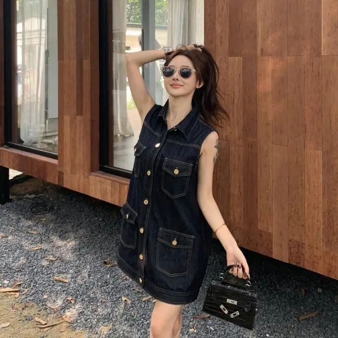 Dark Blue Sleeveless Denim Dress for Women Summer — feature 7