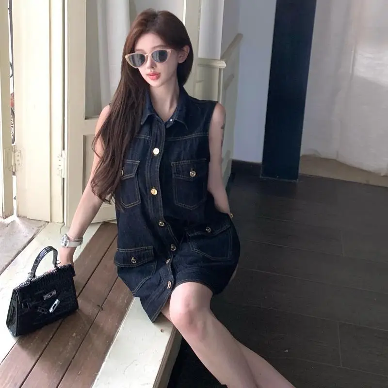 Dark Blue Sleeveless Denim Dress for Women Summer — feature 8