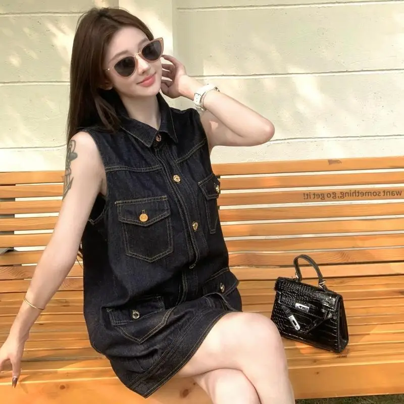 Dark Blue Sleeveless Denim Dress for Women Summer — feature 9