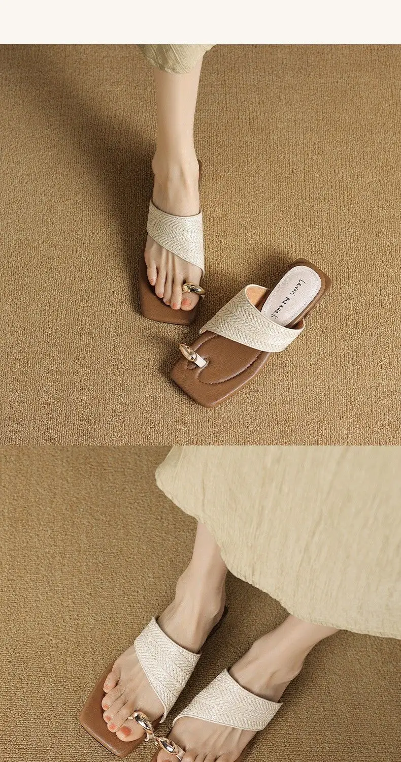 Handmade Straw Woven Retro Holiday Style 2025 Summer One-Line Thong Beach Half-Drag Homemade Woven Sandals for Women — feature 8