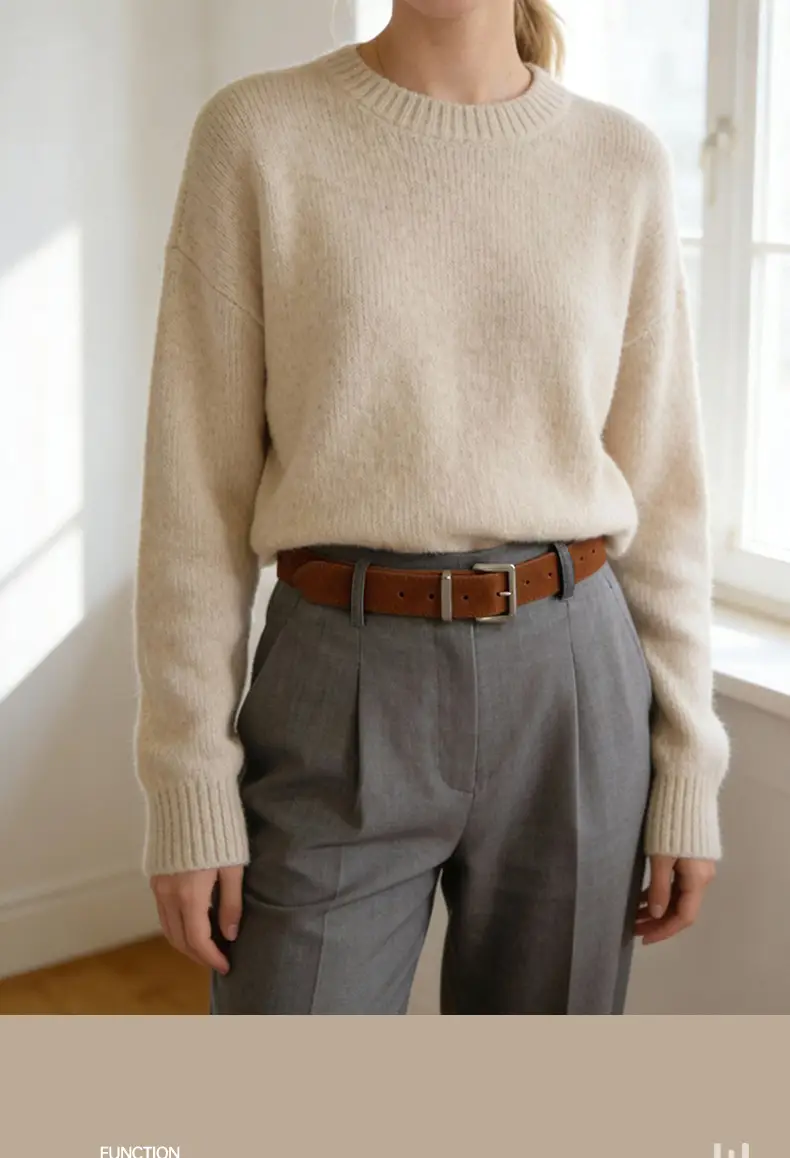 Women Genuine Leather Frosted Belt with Sweater Skirt Jeans — feature 1