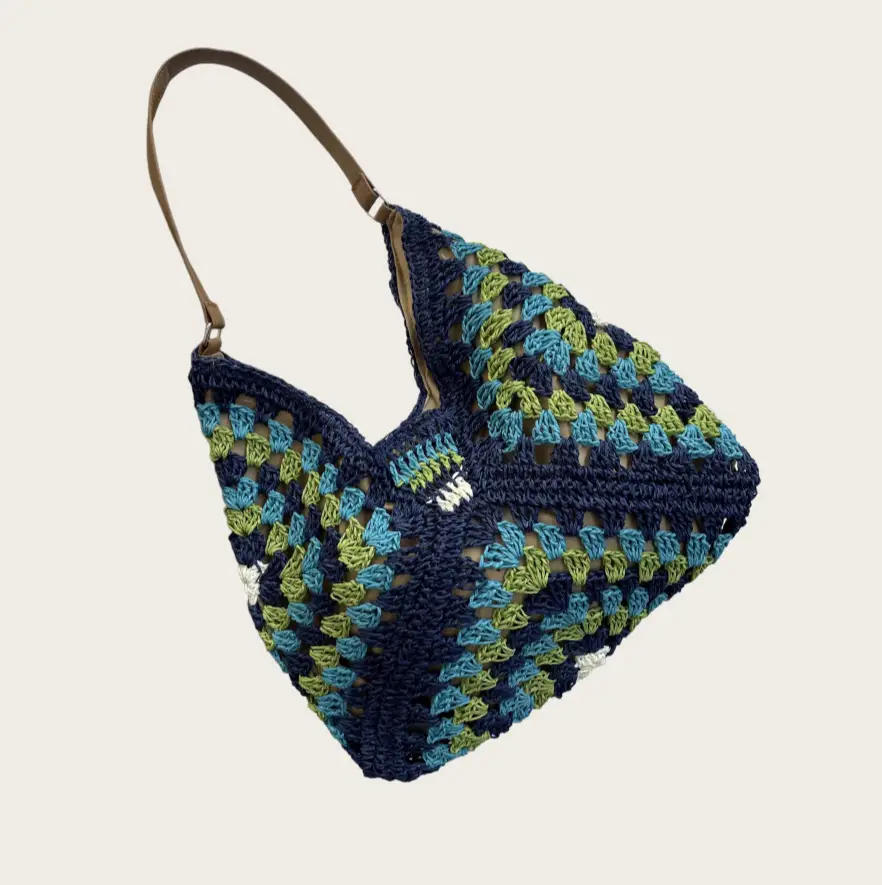 Women's Blue Beaded Straw Shoulder Bag 2025 - Image 3