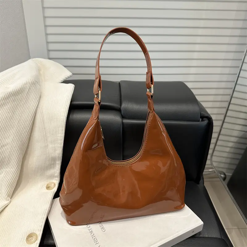 Brown Glossy Leather Shoulder Bag for Women - Image 5
