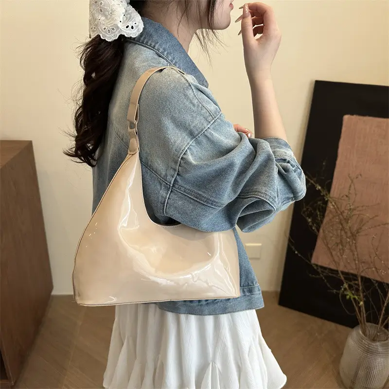 Brown Glossy Leather Shoulder Bag for Women - Image 6