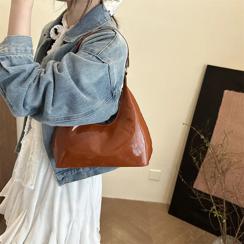 Brown Glossy Leather Shoulder Bag for Women - Image 7