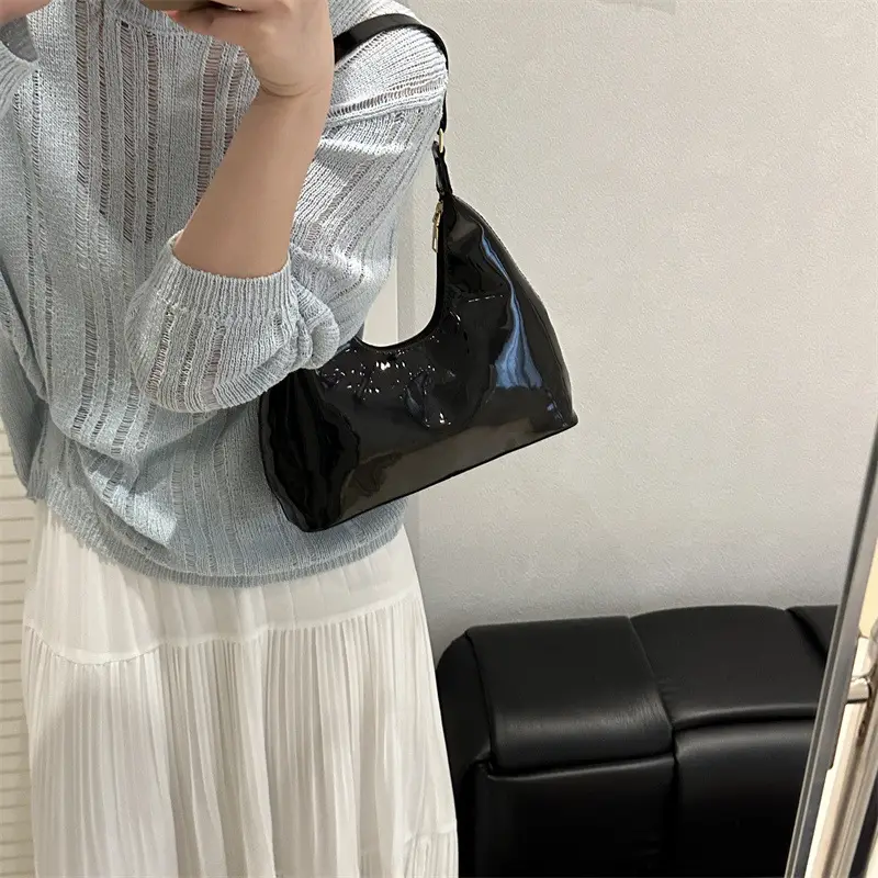Brown Glossy Leather Shoulder Bag for Women - Image 8