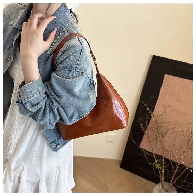 Brown Glossy Leather Shoulder Bag for Women — feature 14