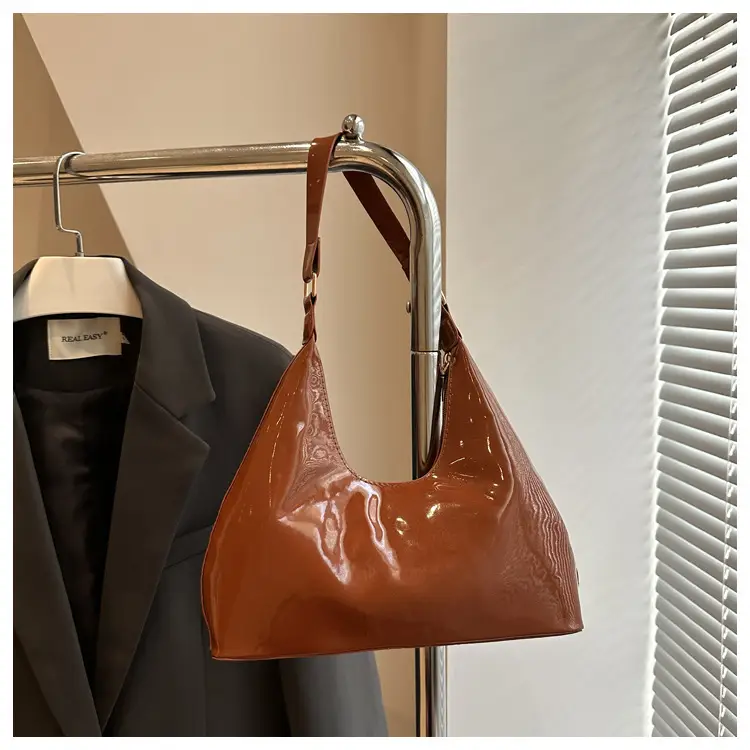 Brown Glossy Leather Shoulder Bag for Women - Image 3