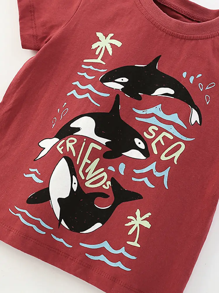 Kids Dolphin Print T-Shirt Red Summer Casual Boys - Image 4
