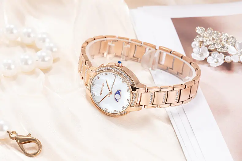 Moon Phase Women's Gold Diamond Bracelet Watch — feature 10