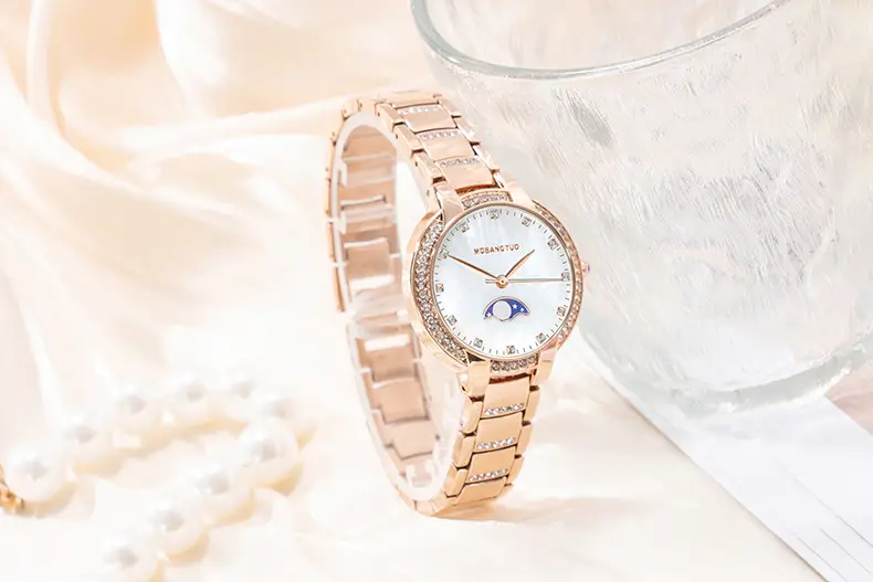 Moon Phase Women's Gold Diamond Bracelet Watch — feature 11