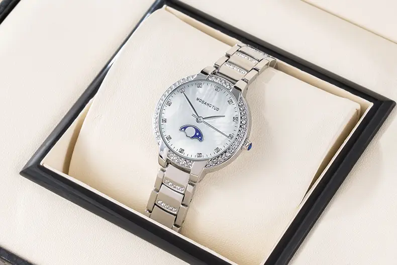 Moon Phase Women's Gold Diamond Bracelet Watch — feature 13