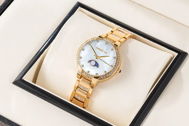 Moon Phase Women's Gold Diamond Bracelet Watch — feature 14