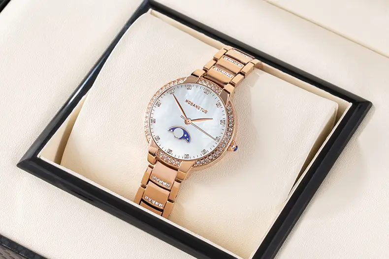 Moon Phase Women's Gold Diamond Bracelet Watch — feature 15