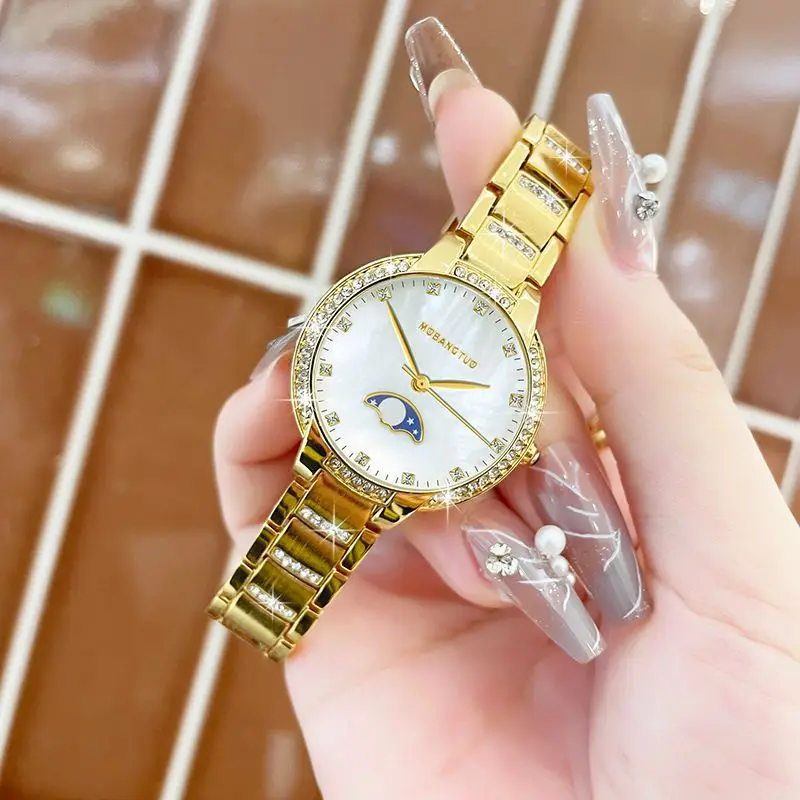Moon Phase Women's Gold Diamond Bracelet Watch — feature 18