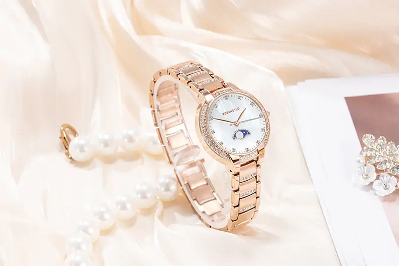 Moon Phase Women's Gold Diamond Bracelet Watch — feature 9
