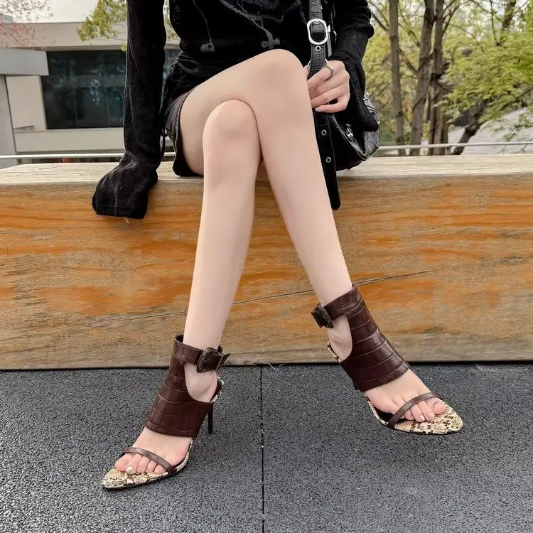 European and American Fashion Black Elegant High Heels Sexy Goddess Style with Skirt Fashion Shoes Pointed Toe Stiletto Open Toe Sandals