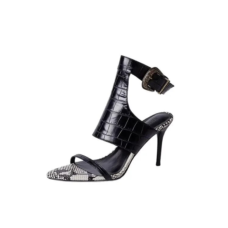 European and American Fashion Black Elegant High Heels Sexy Goddess Style with Skirt Fashion Shoes Pointed Toe Stiletto Open Toe Sandals