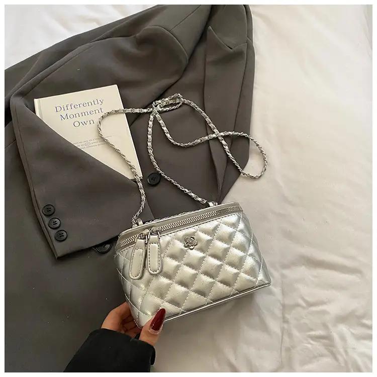 Silver Quilted Chain Shoulder Bag for Women 2026