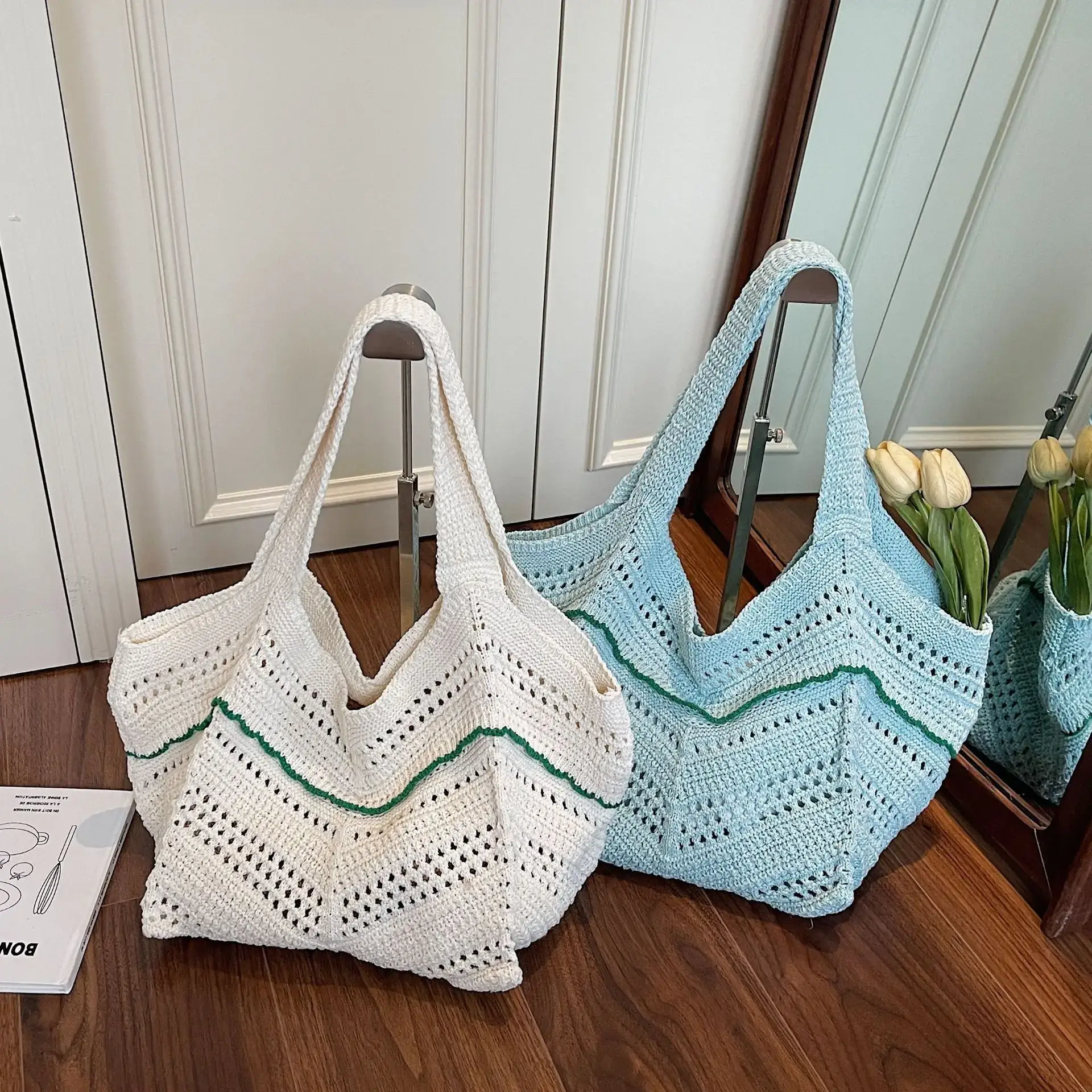 Women Crossbody Knitted Beach Bag White Green Stripes luggage and leather goods - Image 9