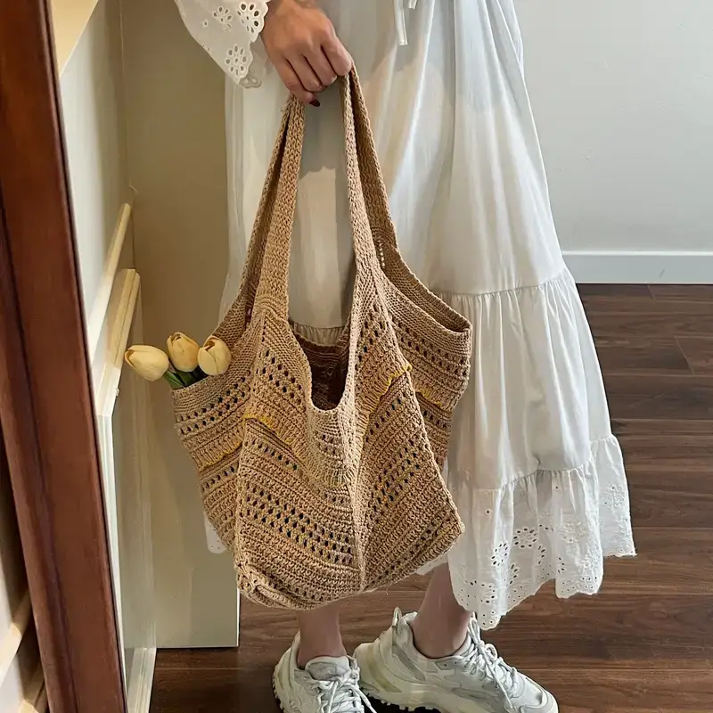 Women Crossbody Knitted Beach Bag White Green Stripes luggage and leather goods - Image 10