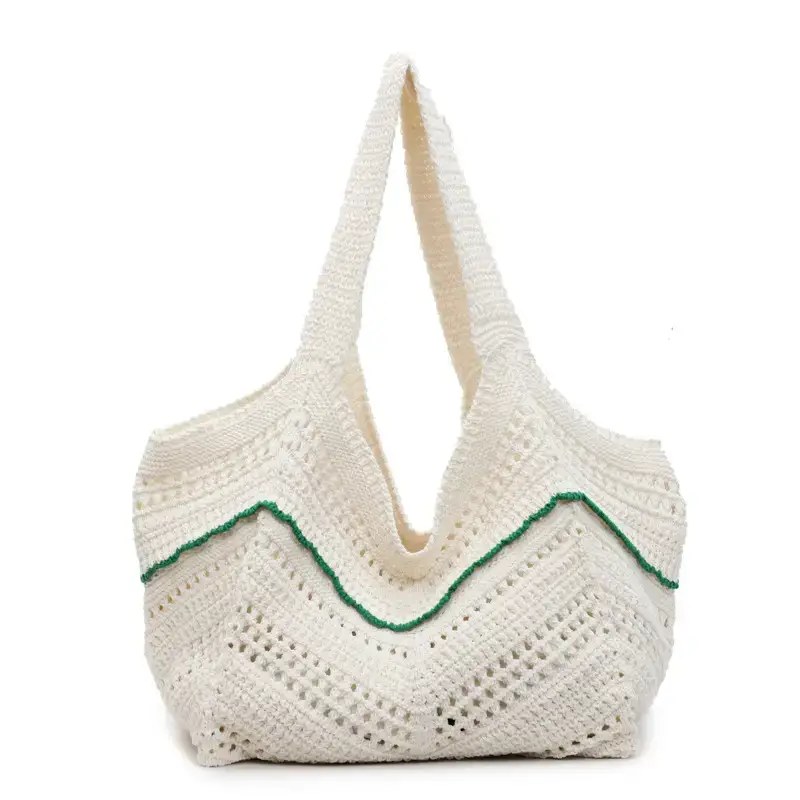 Women Crossbody Knitted Beach Bag White Green Stripes luggage and leather goods - Image 12