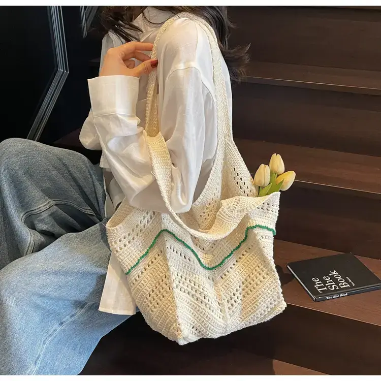 Women Crossbody Knitted Beach Bag White Green Stripes luggage and leather goods — feature 18