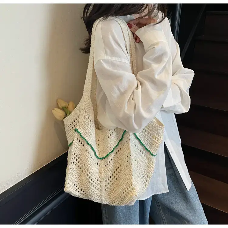 Women Crossbody Knitted Beach Bag White Green Stripes luggage and leather goods — feature 19