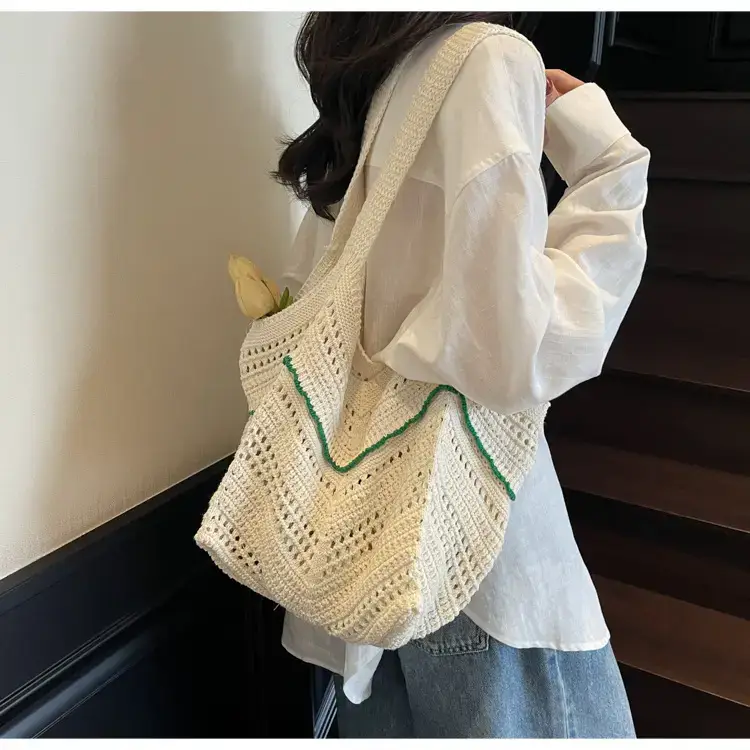 Women Crossbody Knitted Beach Bag White Green Stripes luggage and leather goods — feature 21