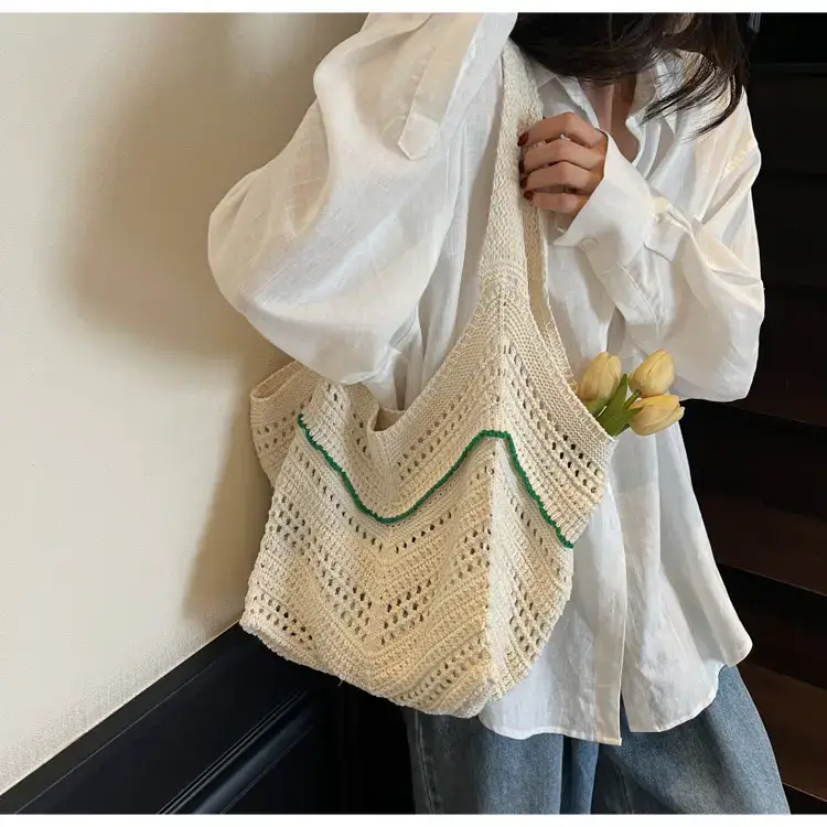 Women Crossbody Knitted Beach Bag White Green Stripes luggage and leather goods — feature 22