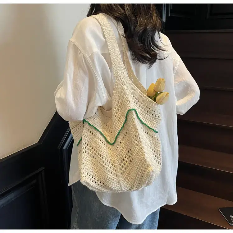 Women Crossbody Knitted Beach Bag White Green Stripes luggage and leather goods — feature 24