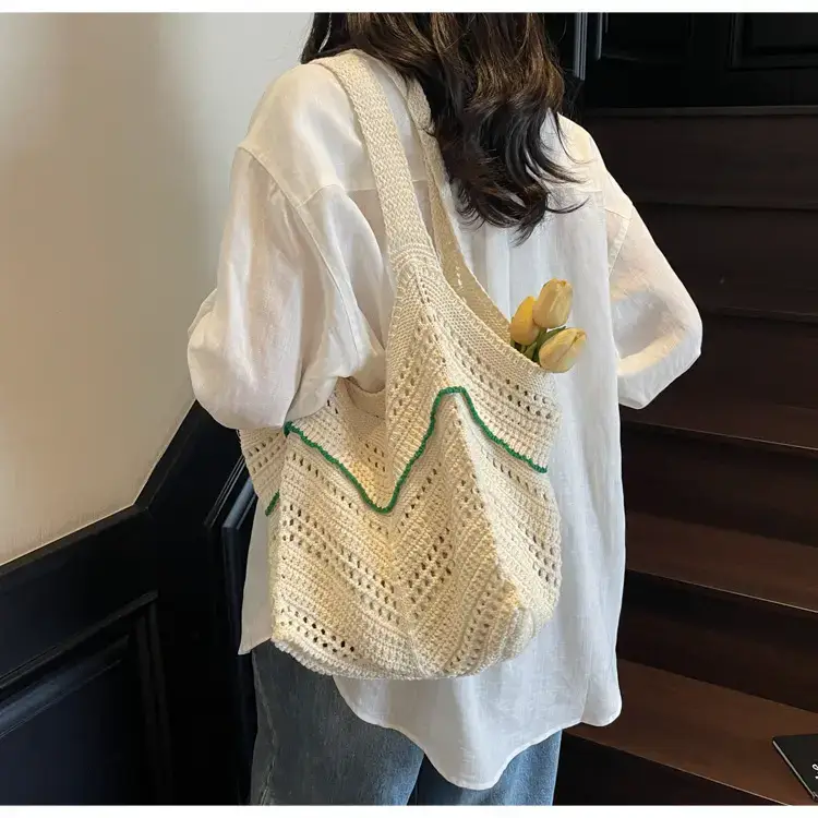 Women Crossbody Knitted Beach Bag White Green Stripes luggage and leather goods — feature 25