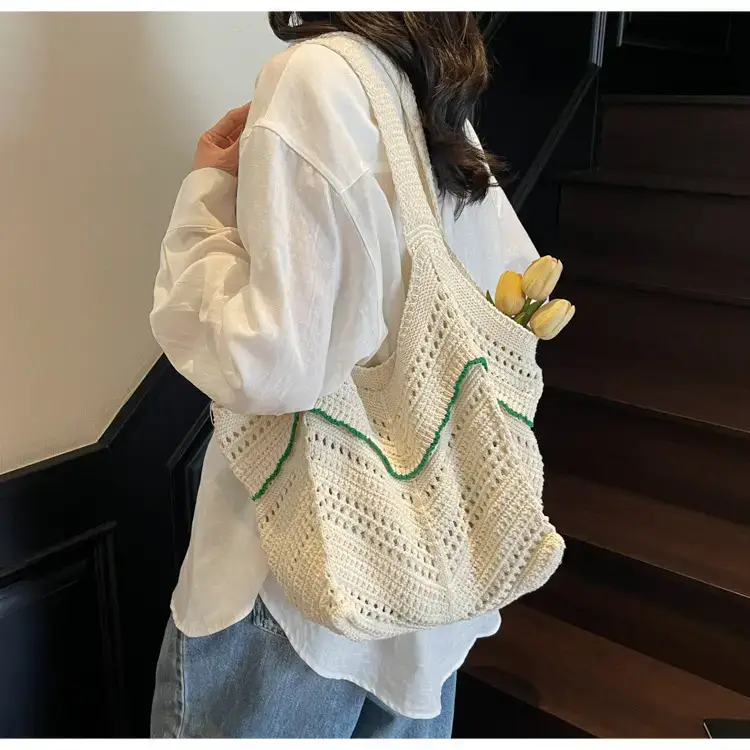 Women Crossbody Knitted Beach Bag White Green Stripes luggage and leather goods — feature 26
