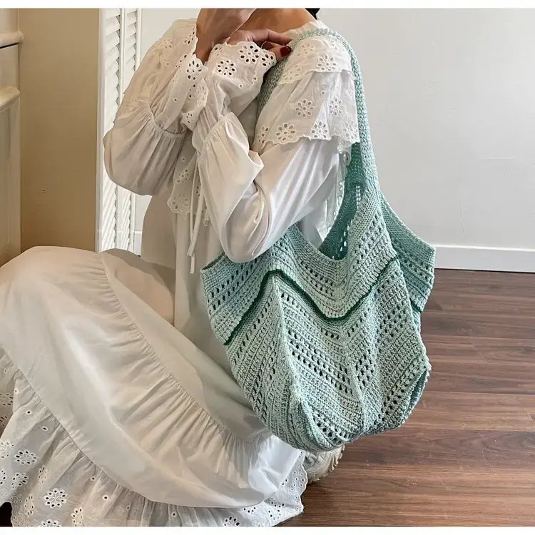 Women Crossbody Knitted Beach Bag White Green Stripes luggage and leather goods — feature 28