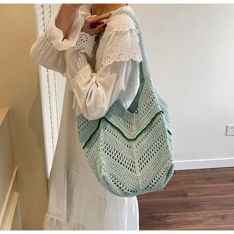 Women Crossbody Knitted Beach Bag White Green Stripes luggage and leather goods — feature 29