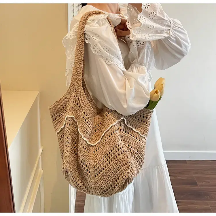 Women Crossbody Knitted Beach Bag White Green Stripes luggage and leather goods — feature 30