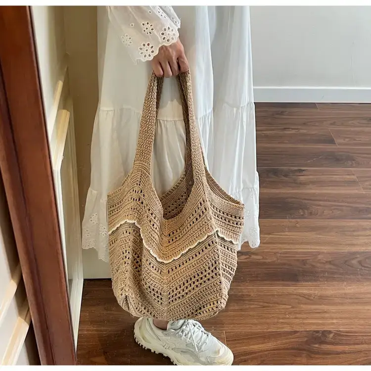 Women Crossbody Knitted Beach Bag White Green Stripes luggage and leather goods — feature 31