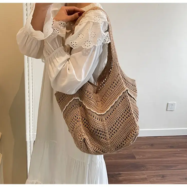 Women Crossbody Knitted Beach Bag White Green Stripes luggage and leather goods — feature 32