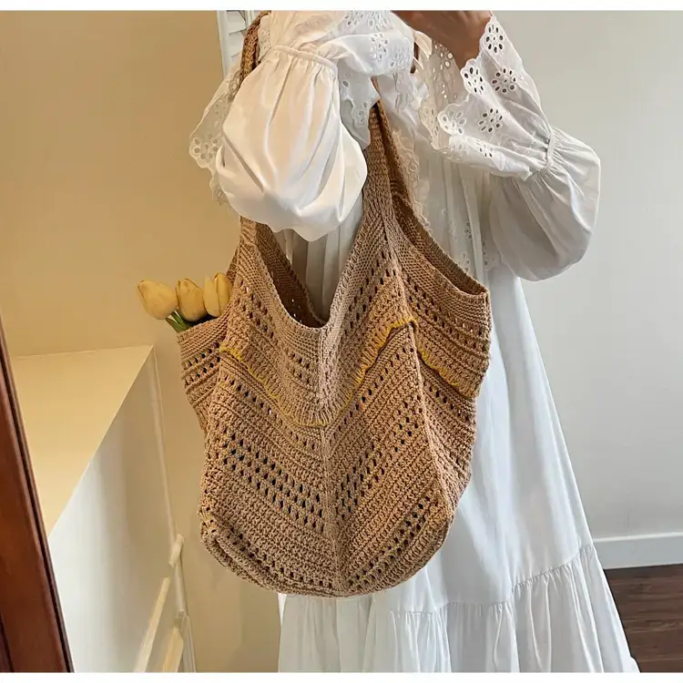 Women Crossbody Knitted Beach Bag White Green Stripes luggage and leather goods — feature 34