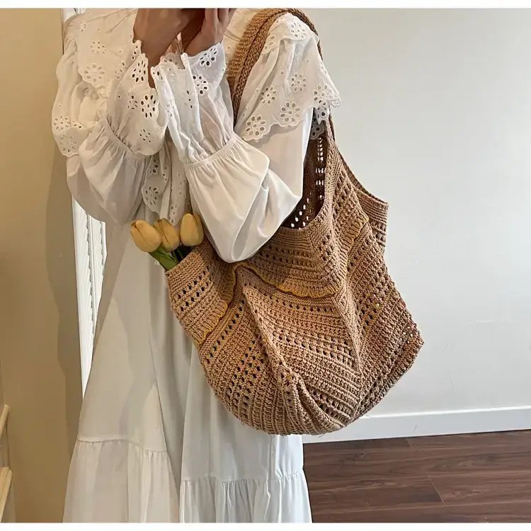 Women Crossbody Knitted Beach Bag White Green Stripes luggage and leather goods — feature 35