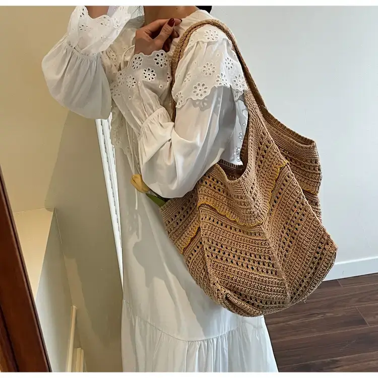 Women Crossbody Knitted Beach Bag White Green Stripes luggage and leather goods — feature 36