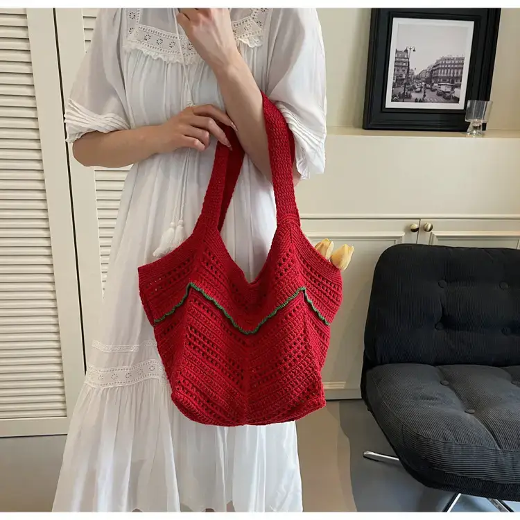 Women Crossbody Knitted Beach Bag White Green Stripes luggage and leather goods — feature 37