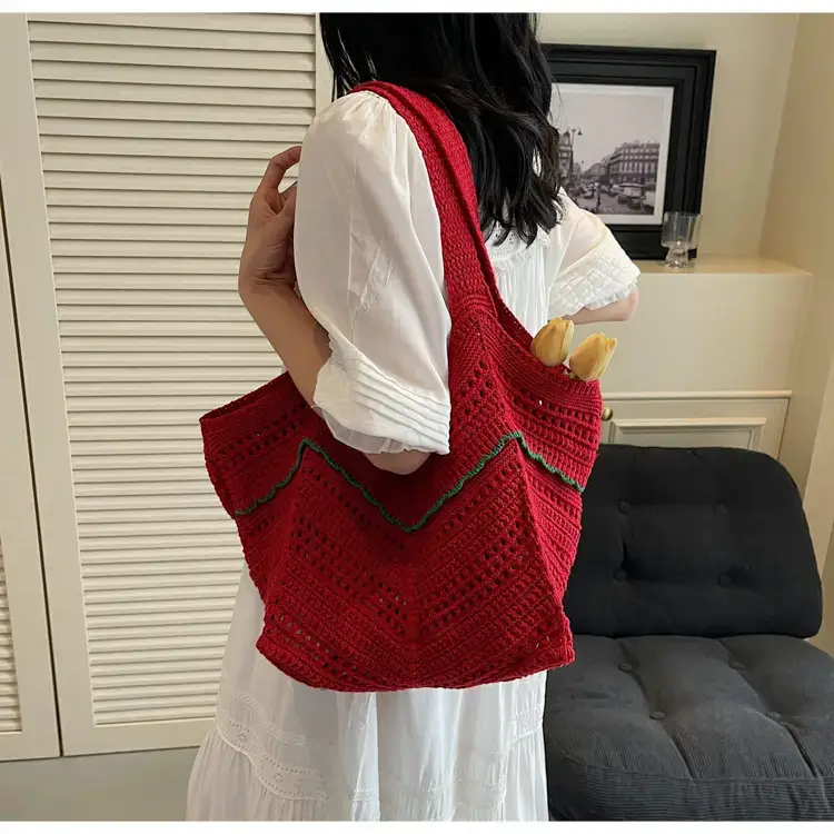 Women Crossbody Knitted Beach Bag White Green Stripes luggage and leather goods — feature 40