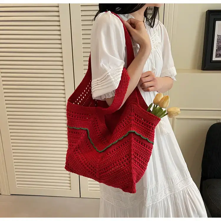 Women Crossbody Knitted Beach Bag White Green Stripes luggage and leather goods — feature 42